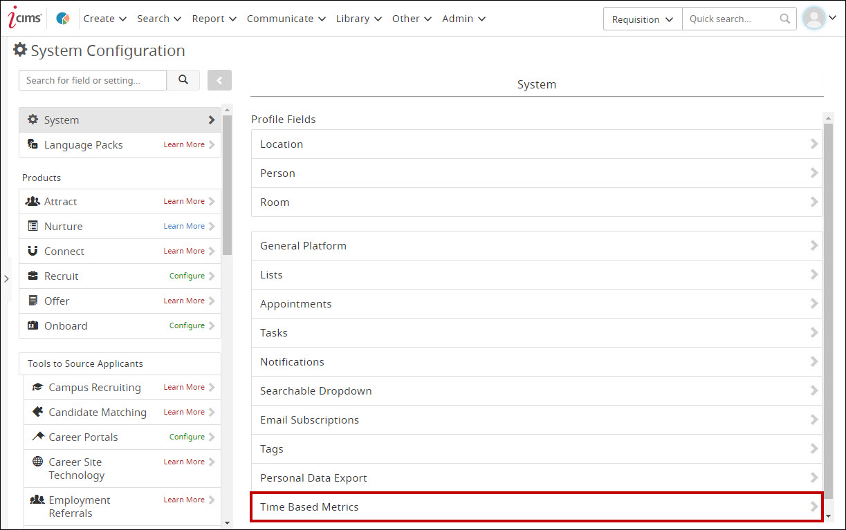 The Time Based Metrics panel in System Configuration