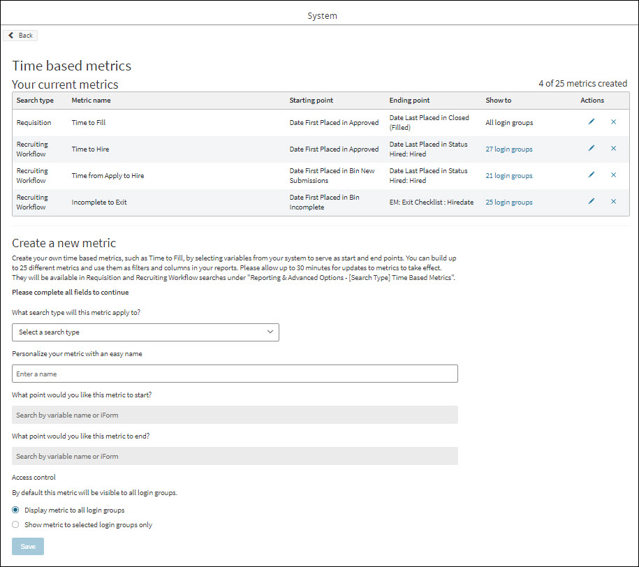 The Time Based Metrics builder page