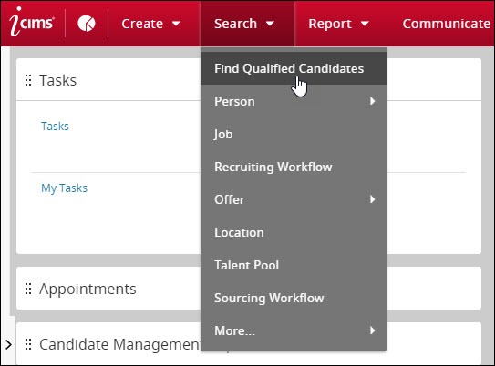 The Find Qualified Candidates option from the Search menu