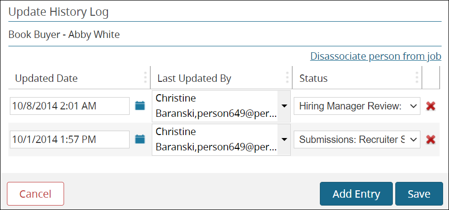 An image of the Recruiting Workflow Update History Log.
