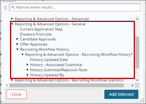 An image of the Recruiting Workflow Search filters picker.