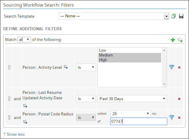 An image of a search form using Activity Level filters displays.
