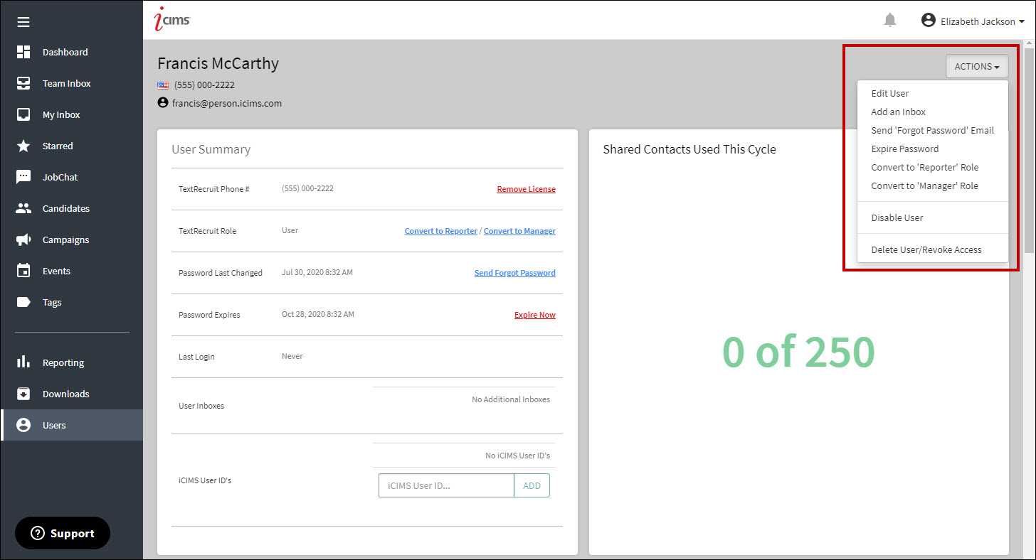 An image that displays the Actions dropdown on the user overview page.