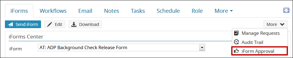 An image that highlights the iForm Approval button on the iForms tab.