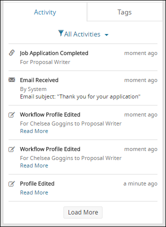 An image that displays an example of the Recent Activity Feed on a Recruiting Workflow Profile.