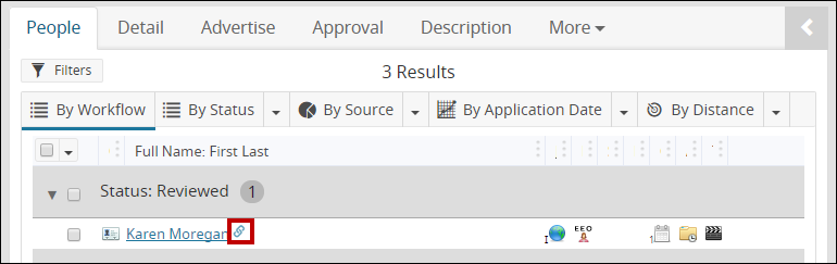 An image that highlights the Link icon that will navigate a user to a Recruiting Workflow Profile from a Job Profile.