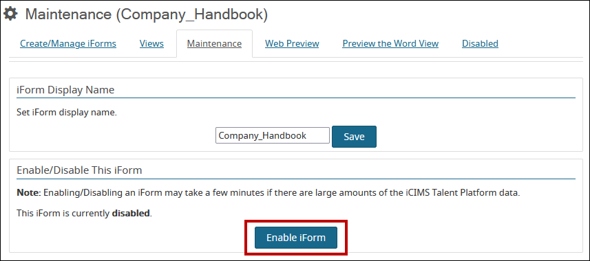 Maintenance (Form ID) page with Enable iForm button highlighted