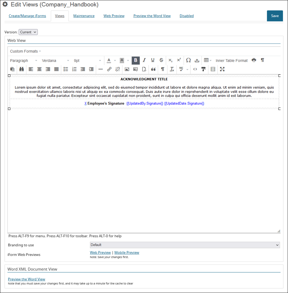 Edit Views (Form ID) page