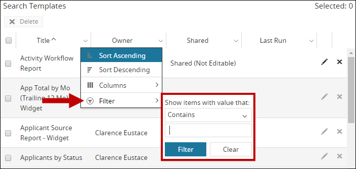 An image of the filtering options display.