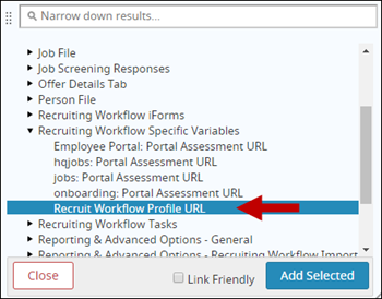 The Recruiting Workflow variable popup with the new variable highlighted