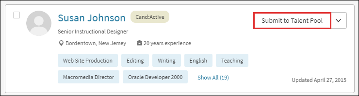 The Submit to Talent Pool option on a result card