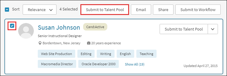 The Submit to Talent Pool option from the actions toolbar