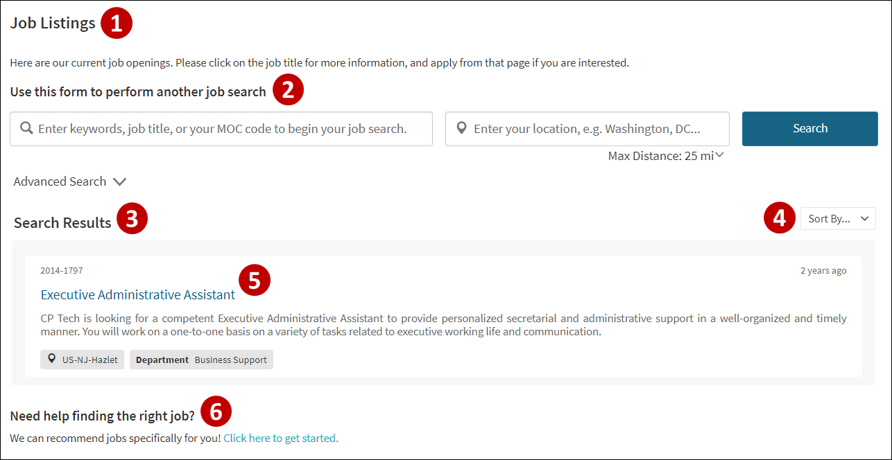 A labeled image of the Job Listings Page.