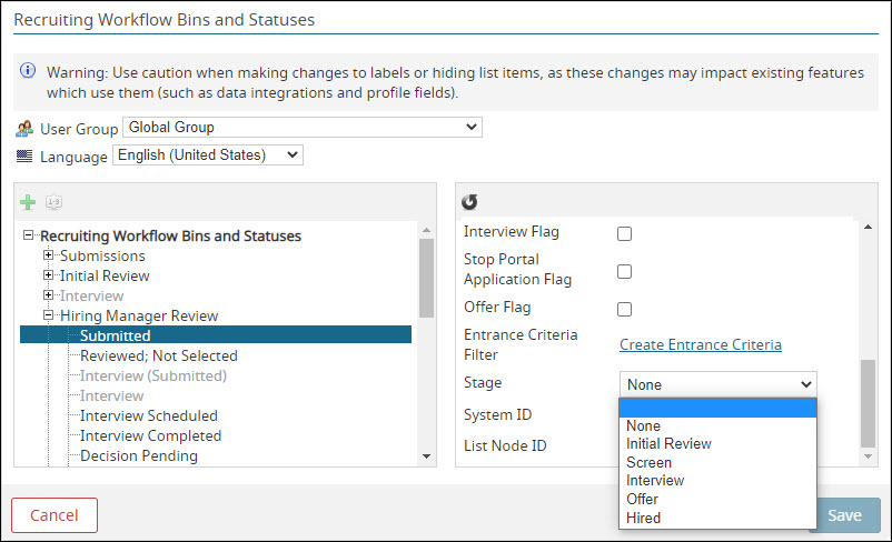 The Recruiting Workflow Bins and Statuses window