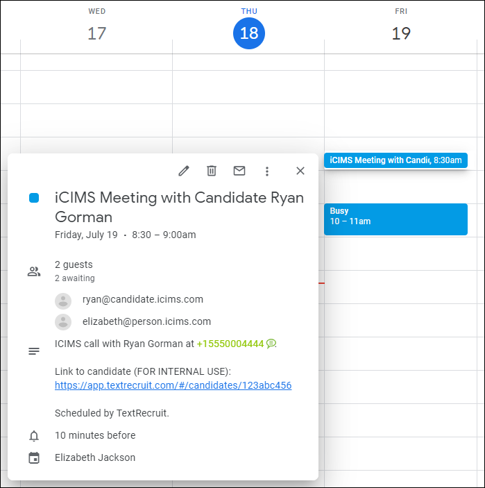 An image that displays an example meeting on a Google calendar.
