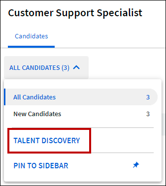 A hiring stages menu with the new Talent Discovery option highlighted