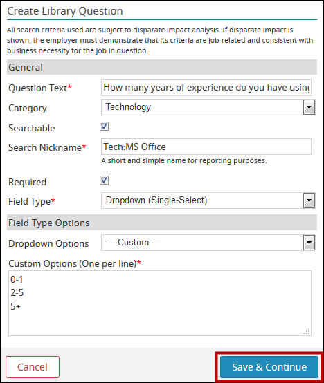 An image of the Create Library Question window.