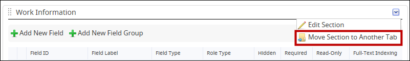 An image highlighting the Actions dropdown and the Move Section to Another Tab option.