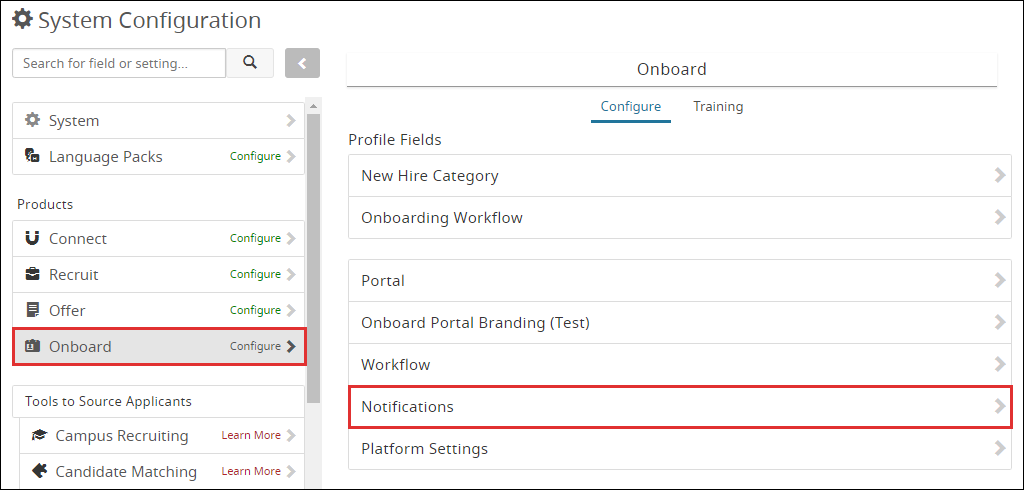 An image highlighting the Onboard and Notifications options in System Configuration.