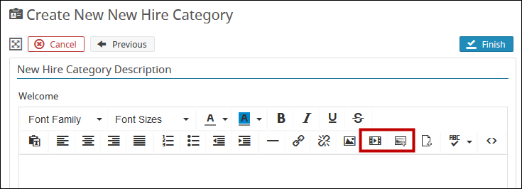 An image highlighting the Insert Video and Insert Image from File Library icons.