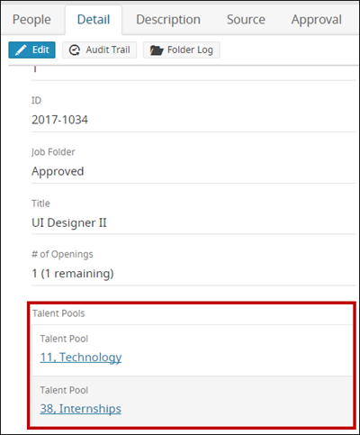 An image of the Details Tab of a Job Profile showing the Talent Pools field.