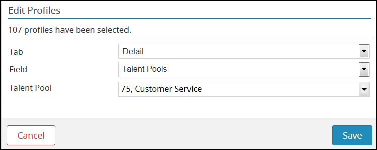 An image that displays the bulk edit values to add a talent pool to multiple jobs.