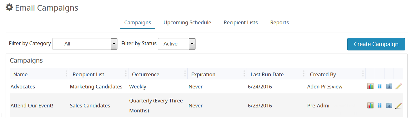 An image of the Email Campaigns Campaigns Tab.