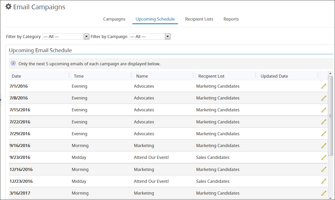 An image of the Email Campaigns Upcoming Schedule Tab.