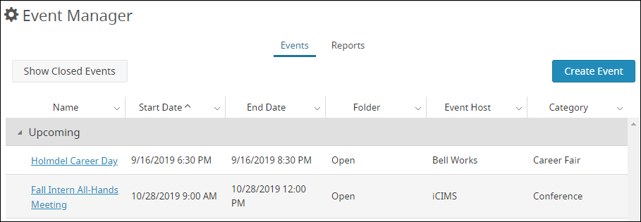 Events on the Event Manager page