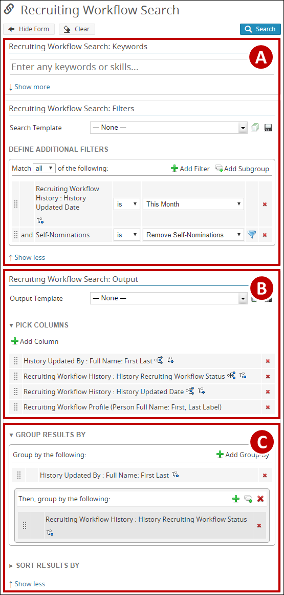 An image of the workflow history report search form is displayed.