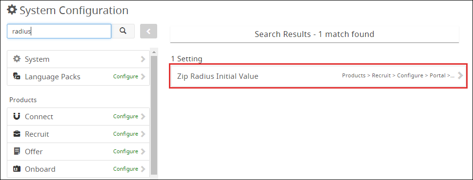 An image of a search result in System Configuration.