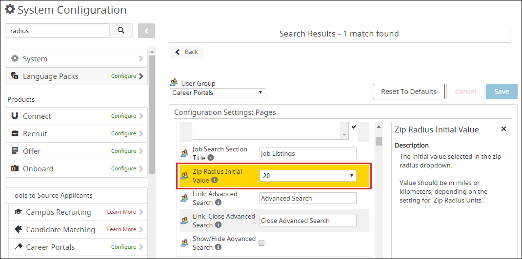 An image of a search result in System Configuration.