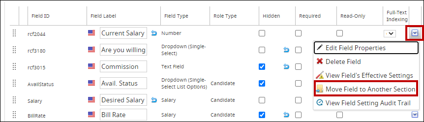 An image highlighting the Actions dropdown and the Move Field to Another Section button.