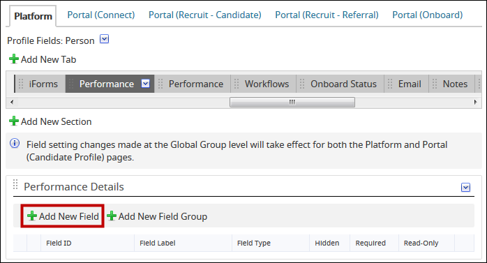 An image of the Add New Field button highlighted in System Configuration.