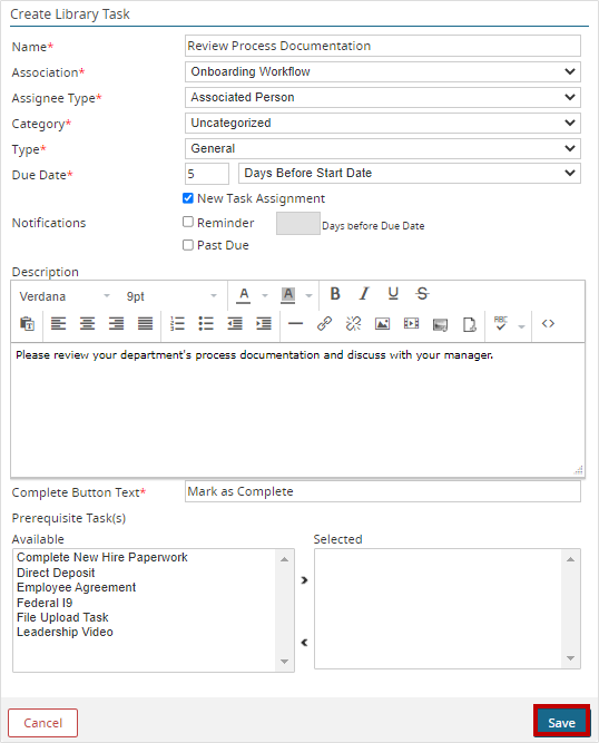 A screenshot of the Create Library Task window.