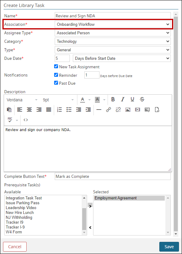 An image of the Create Library Task window.