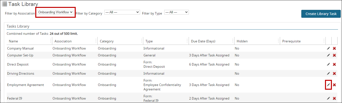 An image highlighting the Filter by Association dropdown and the Edit icon in the Task Library.