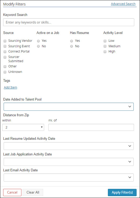 The Modify Filters popup on the Talent Pool profile People tab