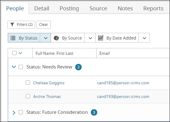 The By Status grouping on the Talent Pool profile People tab