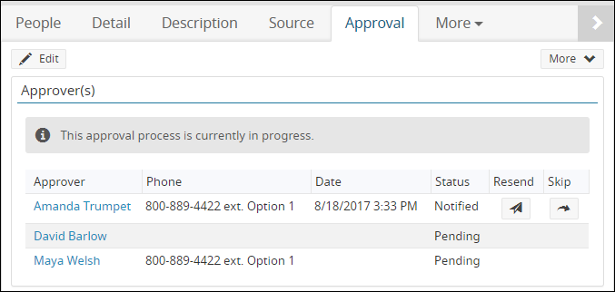 An image that displays the Approval tab of a Job Profile, including approver statuses.