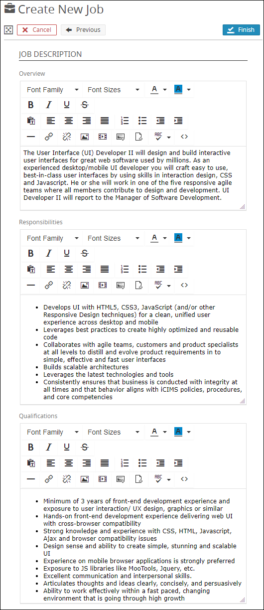 An image that displays the Job Description section within the Create New Job screen.