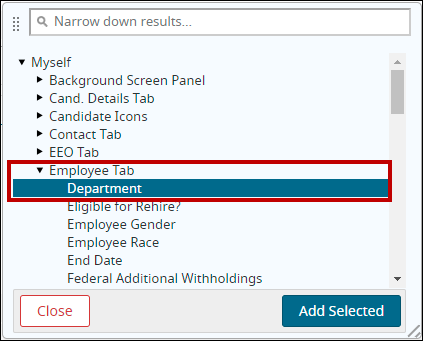 An example Dynamic Filtering popup