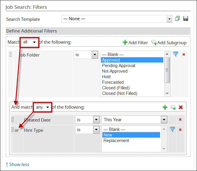 An image that highlights how the AND and OR operators work within the Search Form.