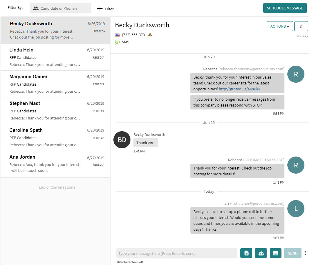 An example inbox with a selected candidate's conversation history displayed on the right