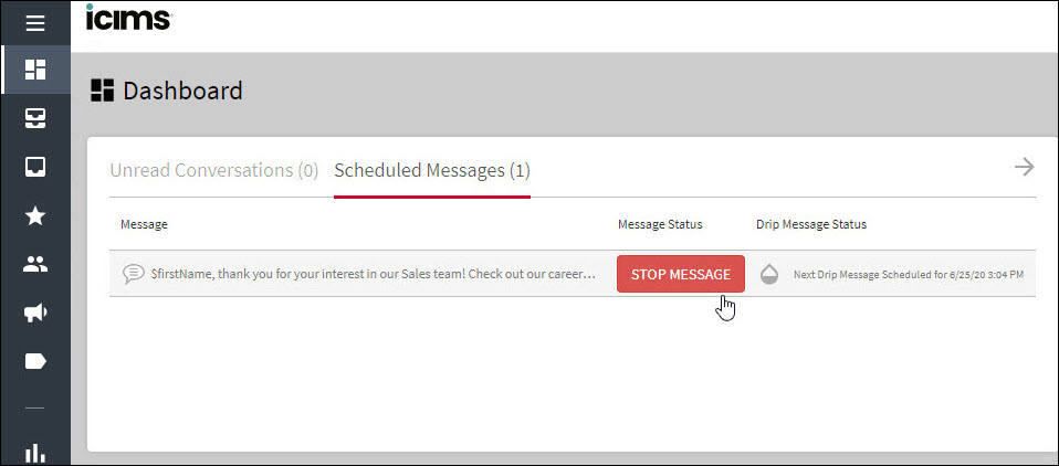 The Message Status column displaying a Stop Message button for a specific scheduled message