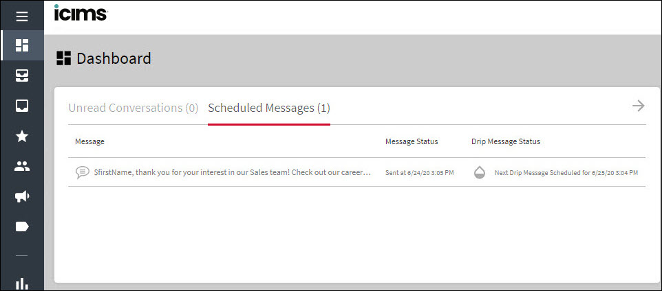 A dashboard with the Scheduled Messages widget highlighted