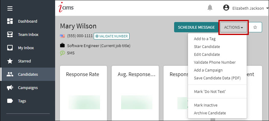 An image that displays the Actions dropdown on the candidate profile.