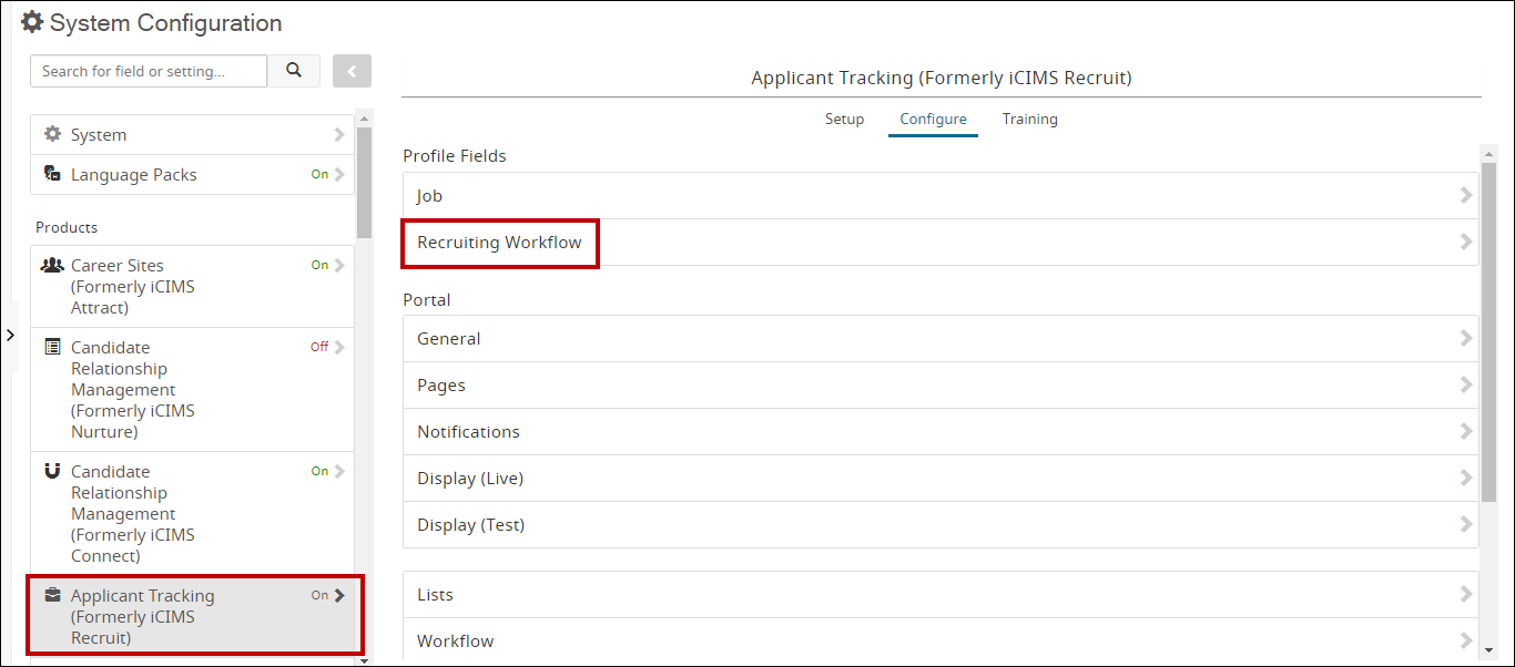 An image highlighting the Recruit and Recruiting Workflow options in System Configuration.