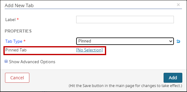 An image highlighting the [No Selection] link on the Add New Tab popup.