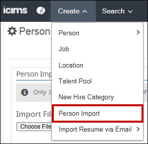 The Person Import option under the Create menu drop-down.